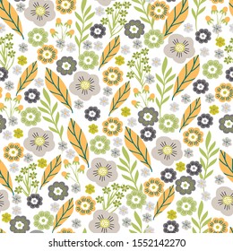Lovely Seamless Pattern With Hand Drawn Flowers And Leaves. Romantic Print. Fashion Template. Vector Illustration In Pastel Colors.