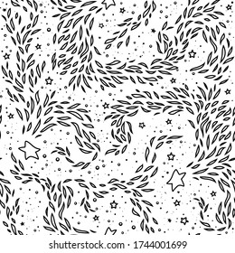 Lovely seamless pattern with hand drawn doodles, falling stars and space cartoon elements. Design for textile, fabric print, wrapping paper, greeting card, banner, poster. White and black color