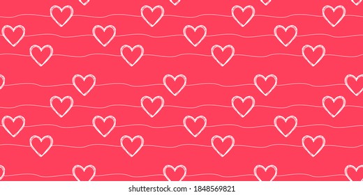 Lovely seamless pattern with hand drawn scribble hearts and stripes randomly placed. Vector illustration