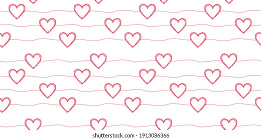 Lovely seamless pattern with hand drawn scribble hearts and stripes randomly placed. Vector illustration