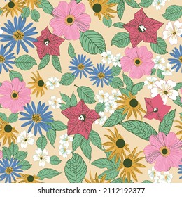 Lovely Seamless Pattern With Hand Drawn Flowers And Leaves. Romantic Print. Fashion Template. Vector Illustration In Pastel Colors in yellow background.