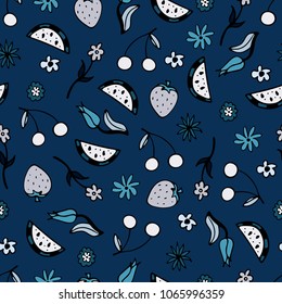 Lovely seamless pattern with hand-drawn fruit and flowers.