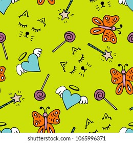 Lovely seamless pattern with a hand-drawn muzzle of a cat, hearts, butterflies and a magic wands.
