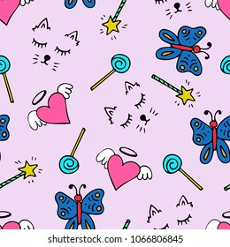 Lovely seamless pattern with a hand-drawn muzzle of a cat, hearts, butterflies and a magic wands.