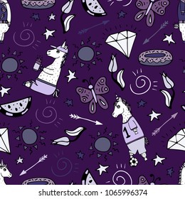 Lovely seamless pattern with hand-drawn unicorns and cute doodles.