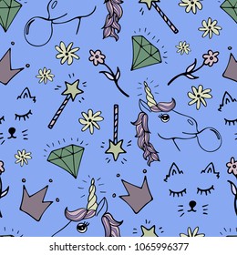 Lovely seamless pattern with hand-drawn unicorns and cute doodles.