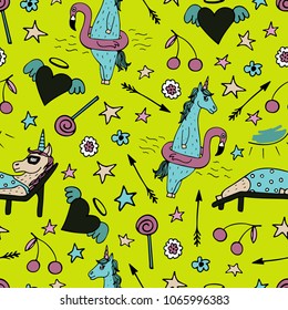 Lovely seamless pattern with hand-drawn unicorns and cute doodles.