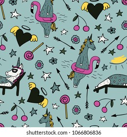 Lovely seamless pattern with hand-drawn unicorns and cute doodles.