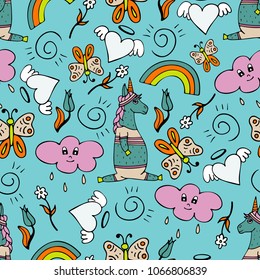 Lovely seamless pattern with hand-drawn unicorns and cute doodles.