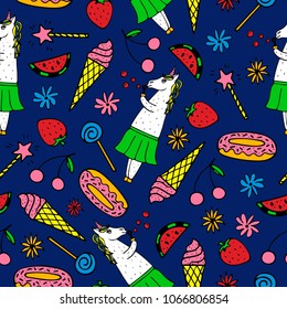 Lovely seamless pattern with hand-drawn unicorns and cute doodles.