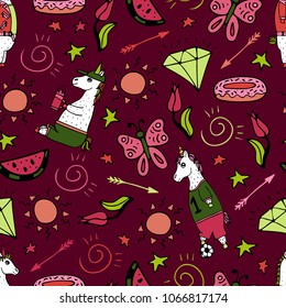 Lovely seamless pattern with hand-drawn unicorns and cute doodles.