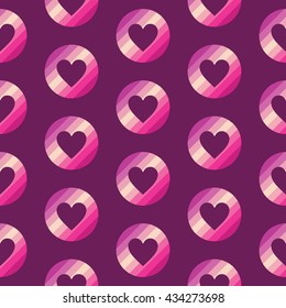 Lovely seamless pattern with a heart shape inside the circle. Modern vector background. Soft shades of pink and yellow colors.