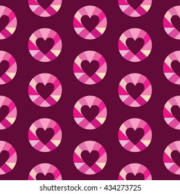 Lovely seamless pattern with a heart shape inside the circle. Modern vector background. Soft shades of pink and yellow colors.