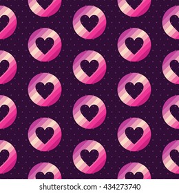 Lovely seamless pattern with a heart shape inside the circle and polka dot background. Soft shades of pink and yellow colors.
