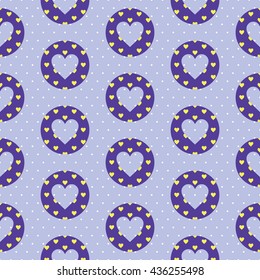 Lovely seamless pattern with a heart shape inside the circle and polka dot background. Dark purple and yellow colors.