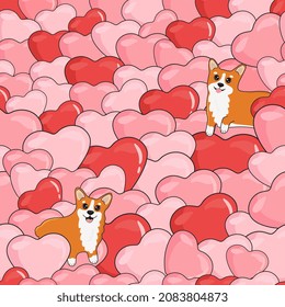 Lovely seamless pattern with hearts and cute corgi. Vector holiday background. Valentine's Day.