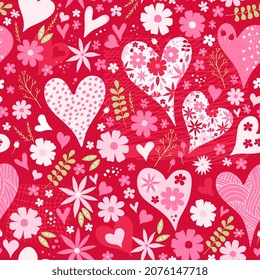 Lovely seamless pattern with hearts, flowers and leaves. Cute print for Valentines day. Vector illustration.