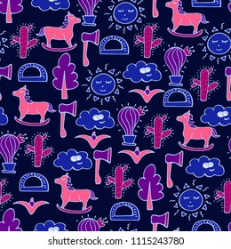 Lovely seamless pattern with horses, cactuses, trees and axes.