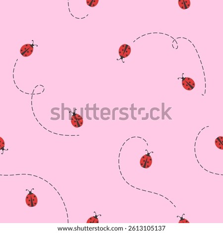 Lovely seamless pattern with ladybugs and funky doodles. Cute pink background with red beetles in doodle and minimalist style. Vector wallpaper with ladybugs