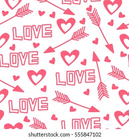 Lovely seamless pattern with love, arrow and hearts.