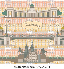 Lovely seamless pattern with main sights of russian city Saint-Petersburg in vector. Saint-Petersburg pattern in pastel colors can be used in textile, wallpapers or as a background for local souvenirs