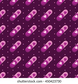 Lovely seamless pattern with medical pills marked by heart symbol conveys love like drugs theme. Perfect romantic background for Valentine's Day. Shades of dark pink color. Stock vector.