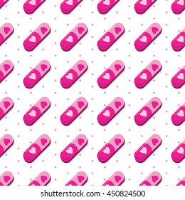 Lovely seamless pattern with medical pills marked by heart symbol conveys love like drugs theme. Perfect romantic background for Valentine's Day. Shades of pink color. Stock vector.