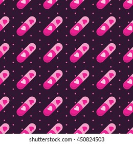 Lovely seamless pattern with medical pills marked by heart symbol conveys love like drugs theme. Perfect romantic background for Valentine's Day. Shades of pink color. Stock vector.