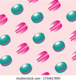 Lovely seamless pattern with pink and mint macaroons. Vector background. Strawberry and pistachio sweets. Pink pattern