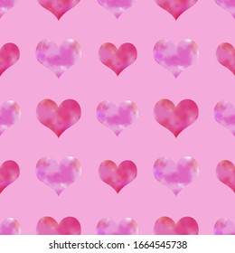 Lovely seamless pattern with pink watercolor hearts on the light pink background. Sweet ornament for packaging, wrapping paper, scrapbook, banner, textile