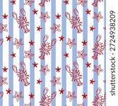 Lovely seamless pattern with playful lobster motifs. Lobster and starfish drawn in pencil