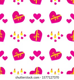 Lovely seamless pattern with presents, hearts, candles and petals on the white background. Vector Valentine's day ornament. Usable for wedding invitations, cards, wrapping paper, packet
