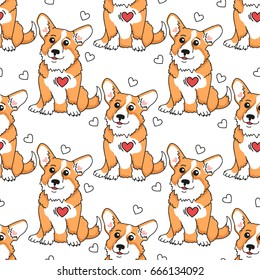Lovely seamless pattern with puppy welsh corgi and heart. Vector cute background. Funny dog. 