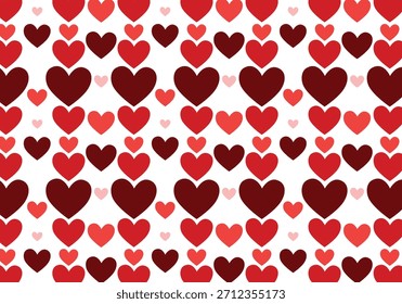 Precioso patrón sin fisuras con corazones rojos de varias Formas sobre un fondo blanco. Papel de regalo colorido. Impresión, diseño y decoración de Antiguas para celebrar el Día de San Valentín. Amor, romance, enamoramiento.