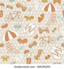 Lovely seamless pattern with summer elements. Beach party vector background. Can be used for party invitations, textile for swimwear, summer bags