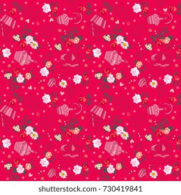  Lovely seamless pattern with sweet cupcakes and bunch of flowers on crimson background. Vector image.