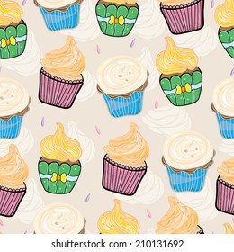 Lovely seamless pattern with tasty cupcake. Cute fabric background.