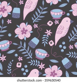 Lovely seamless pattern with tea bags,cups and cute birds. Floral spring elements.Vector  illustration.