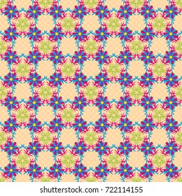 Lovely seamless pattern. Vector background with flowers. Abstract seamless bright background from picturesque stylized blue, magenta and beige flowers. Fabric for summer tropical holiday.