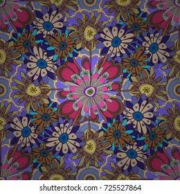 Lovely seamless pattern. Vector background with flowers. Abstract seamless bright background from picturesque stylized yellow, brown and violet flowers. Fabric for summer tropical holiday.