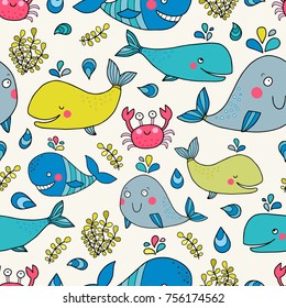 Lovely seamless pattern with whales and a crab. Good for textile fabric design, wrapping paper and website wallpapers. Vector illustration.