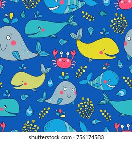 Bonito patrón sin fisuras con ballenas y cangrejo. Es bueno para el diseño de tela textil, papel de envoltura y papel pintado de sitio web. Ilustración vectorial.