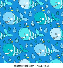 Lovely seamless pattern with whales. Good for textile fabric design, wrapping paper and website wallpapers. Vector illustration.