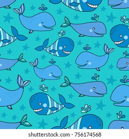 Lovely seamless pattern with whales. Good for textile fabric design, wrapping paper and website wallpapers. Vector illustration.