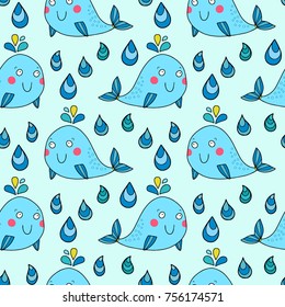 Lovely seamless pattern with whales. Good for textile fabric design, wrapping paper and website wallpapers. Vector illustration.