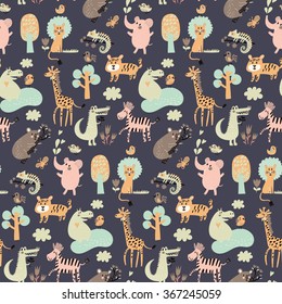 Lovely seamless pattern with wild animals from Africa. Koala, lion, crocodile, hippo, giraffe, tiger, zebra and iguana. Sweet childish background in dark colors in vector