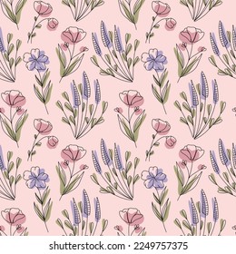 Lovely seamless pattern with wildflowers on the pink background. Vector illustration