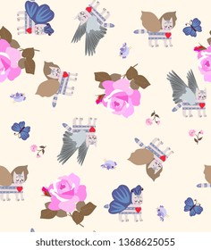 Lovely seamless pattern with winged tabby kittens, little flying birds and huge pink roses on light beige background.