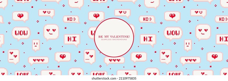 Lovely Seamless pixel art blue background. Love messages, declarations of love, flirt in chat. Valentine day pattern design for web banner, texture, decoration. 90s 8 bit game mosaic style. Vector.
