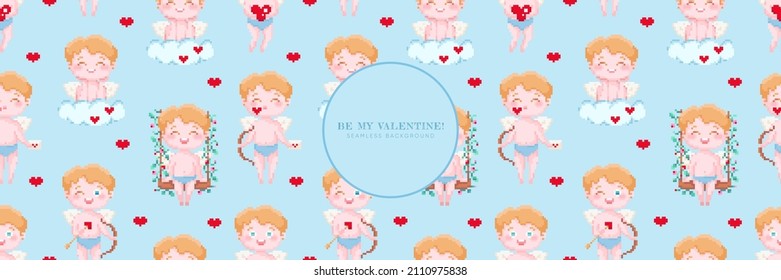 Lovely Seamless pixel art pink background. Valentine day pattern design for web banner, promo page, decoration. 90s 8 bit game mosaic style cute adorable cupids with hearts around them. Vector.
